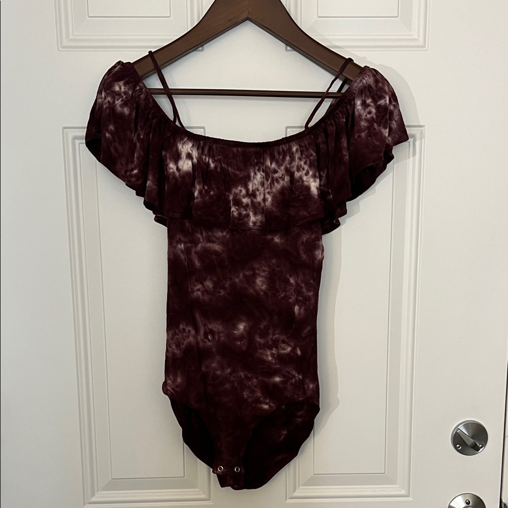 Tie-dye Burgundy Off-Shoulder Women's Bodysuit